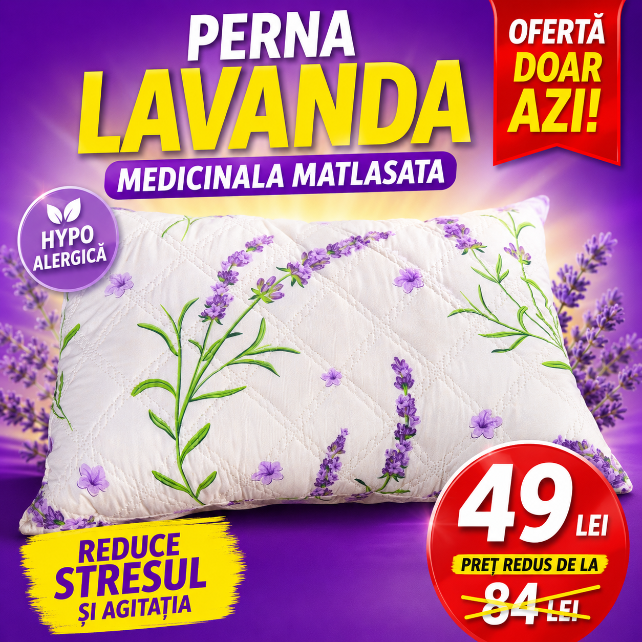 Perna Premium Lavanda Matlasata 50x70cm